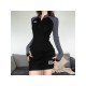 Stand Collar Patchwork Long Sleeve Bodycon Dress