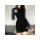 Stand Collar Patchwork Long Sleeve Bodycon Dress