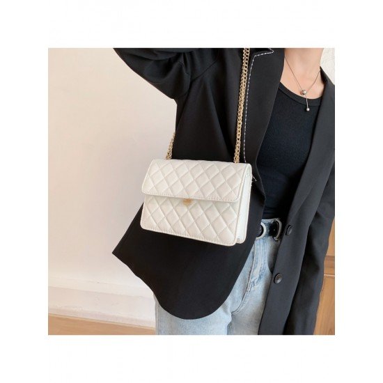  Simple PU Rhombus Lattice Pure Color Chain Bag