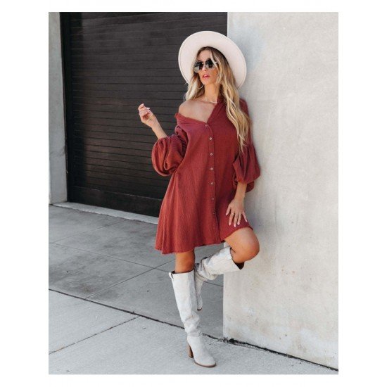  Autumn V-Neck Solid Color Puff Sleeve Dress