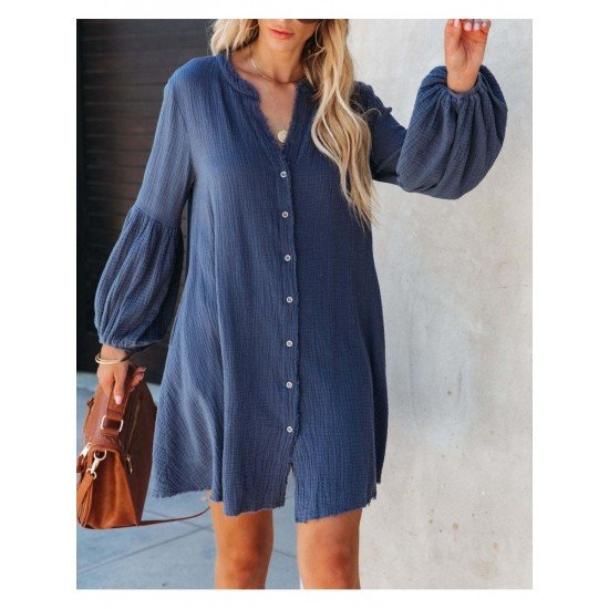  Autumn V-Neck Solid Color Puff Sleeve Dress