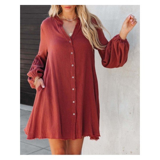  Autumn V-Neck Solid Color Puff Sleeve Dress