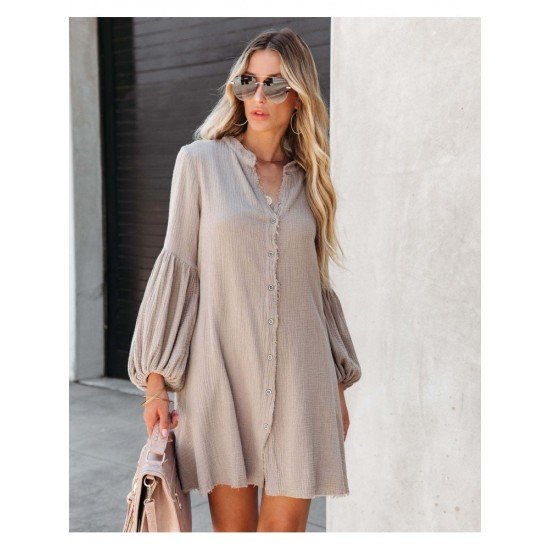  Autumn V-Neck Solid Color Puff Sleeve Dress