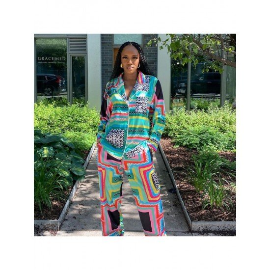  Geometric Print Casual Matching Blouse And Trouser Sets