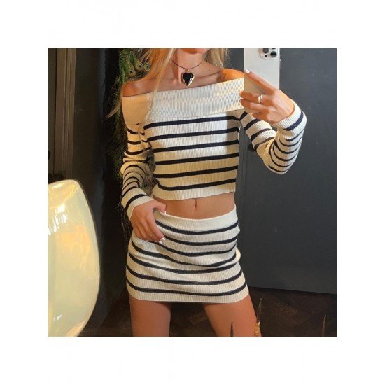 Striped Off The Shoulder Top And Short Skirt Sets