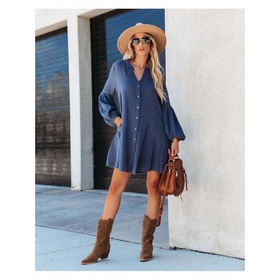  Autumn V-Neck Solid Color Puff Sleeve Dress