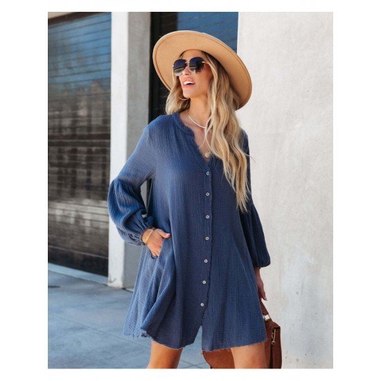  Autumn V-Neck Solid Color Puff Sleeve Dress