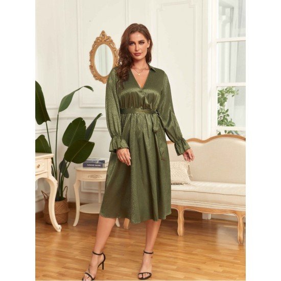 Ladies Solid Long Sleeve V Neck Plus Size Dresses