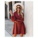  Autumn V-Neck Solid Color Puff Sleeve Dress