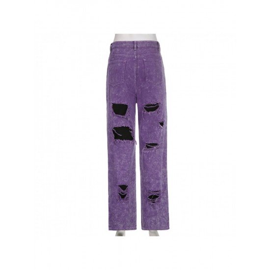 Purple Straight Leg Ripped Patchwork Jeans