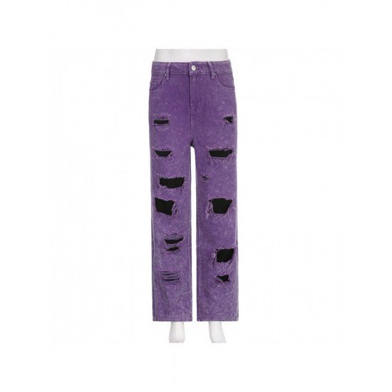 Purple Straight Leg Ripped Patchwork Jeans