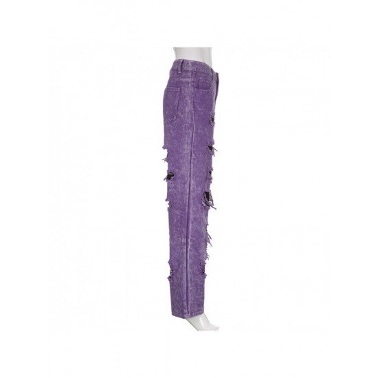 Purple Straight Leg Ripped Patchwork Jeans