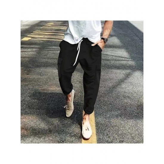 Casual Pockets Drawstring Black Men Pants