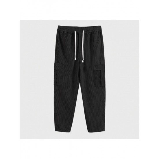 Casual Pockets Drawstring Black Men Pants