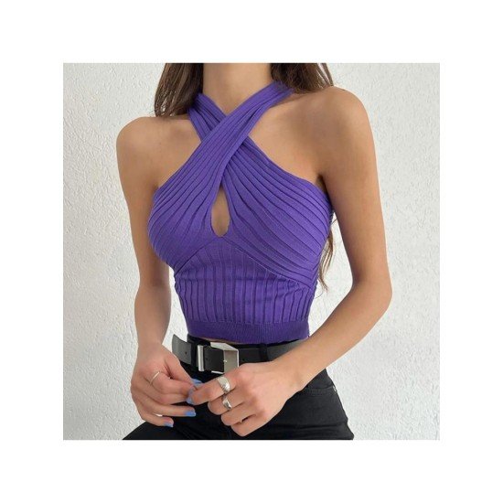 Sexy Rib Halter Pure Color Hollowed Out Tight Top