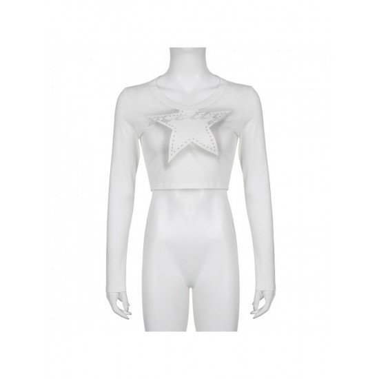 Y2K Style White Star Printed Crop T Shirts