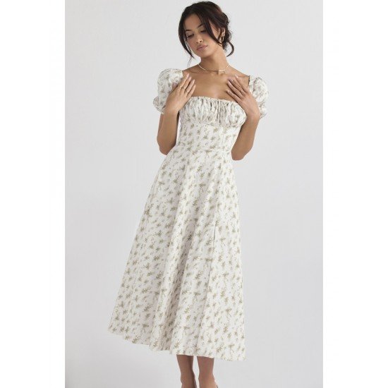  Summer Square Collar Puff Sleeve Floral Women's Dress