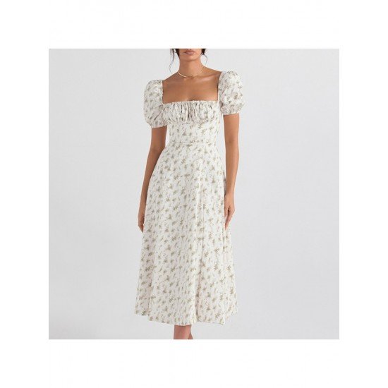  Summer Square Collar Puff Sleeve Floral Women's Dress