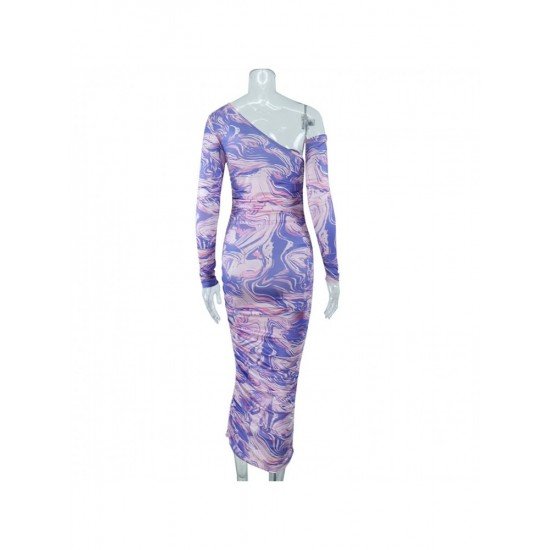  Slim Slant Shoulder Ruched Printing Hip Dress