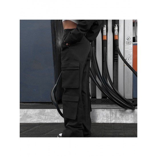 Trendy Black Solid Straight Leg Cargo Jean Trousers