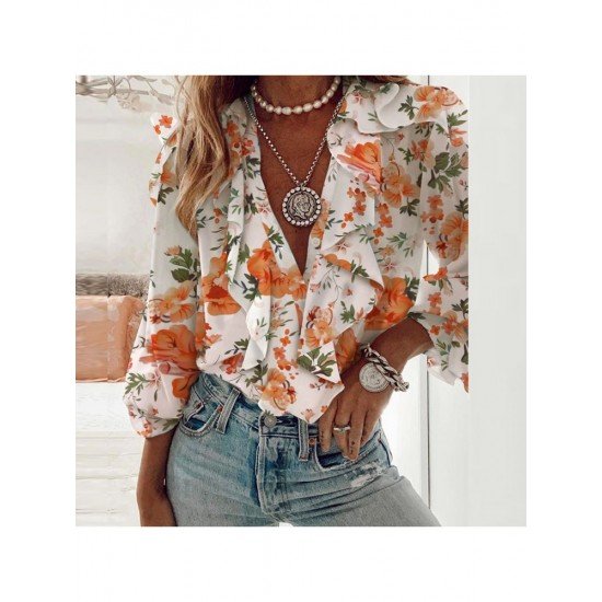 Casual Loose Letter Floral V-Neck Women's Shirt