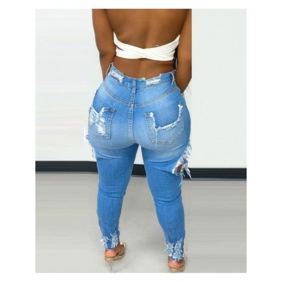  Fashion Ripped Pure Color Women's Jeans