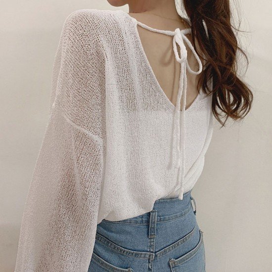  Summer Simple V-Neck Long Sleeve Top