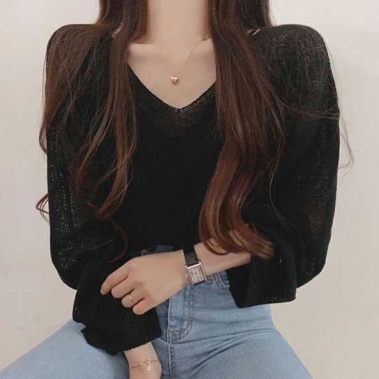  Summer Simple V-Neck Long Sleeve Top