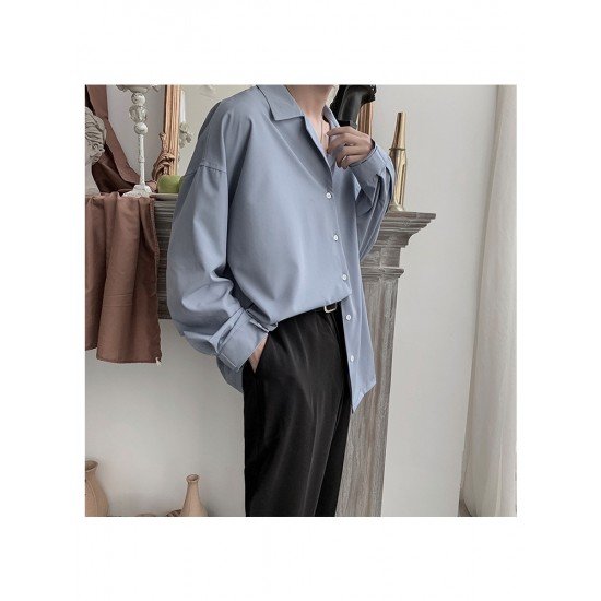  Pure Color Lapel Long Sleeve Shirt For Men