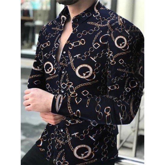 Chain Printed Stand Collar Shirts For Men