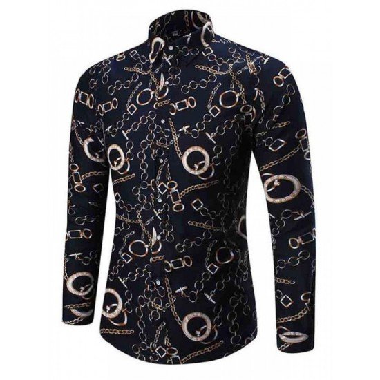 Chain Printed Stand Collar Shirts For Men