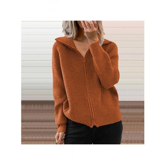  Pure Color Zipper Long Sleeve Women's Sweater