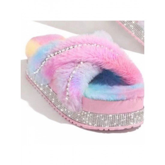  Women's Plush Cross Rhinestone Fur Slippers