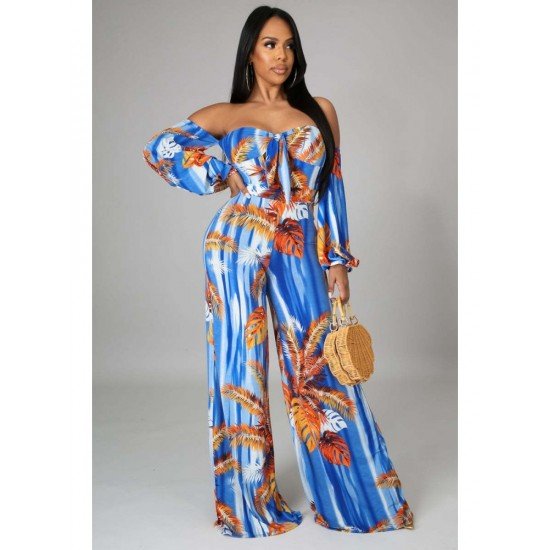 Fashion Printing Off Shoulder Puff Sleeve Jumpsuit