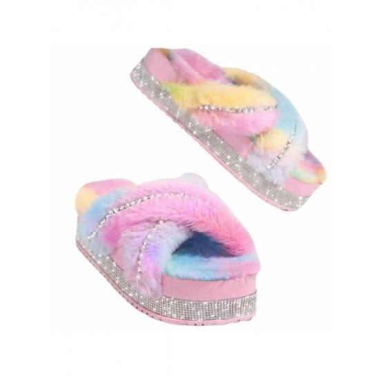  Women's Plush Cross Rhinestone Fur Slippers