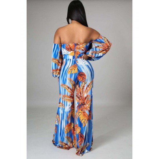 Fashion Printing Off Shoulder Puff Sleeve Jumpsuit