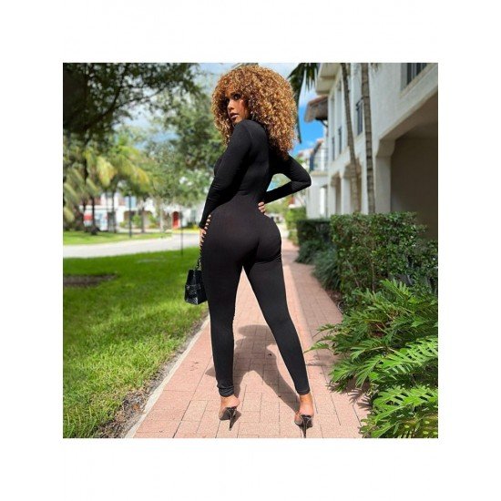  Tight Round Neck Hollowed Out Long Sleeve Jumpsuit