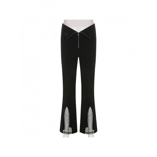  Pure Color Slim Low Waist Zipper Flared Pants