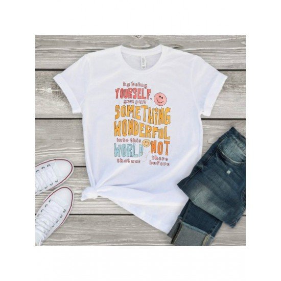 Casual Printed Letter Smile Face Summer T Shirts