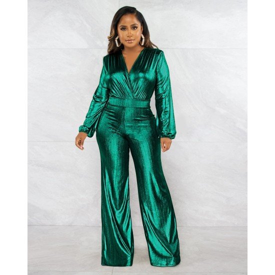  Pure Color V-Neck Women's Long Sleeve Jumpsuit