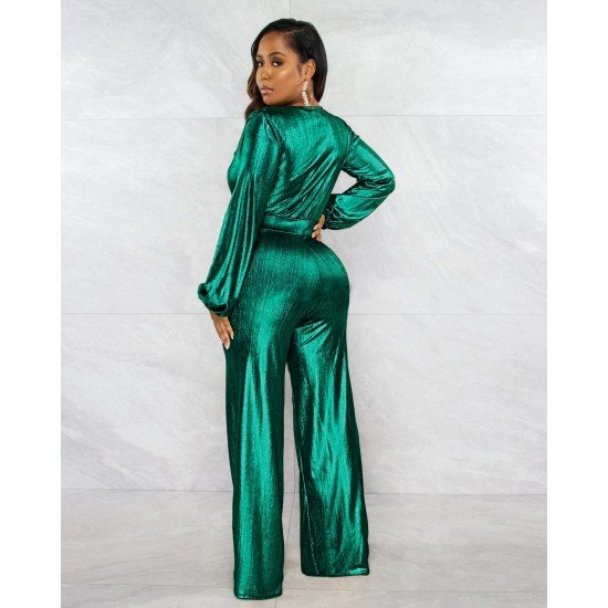  Pure Color V-Neck Women's Long Sleeve Jumpsuit