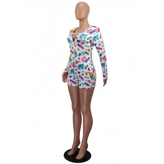  Tight Geometric Print Long Sleeve Women's Rompers