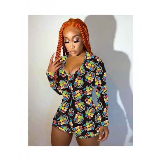  Tight Geometric Print Long Sleeve Women's Rompers