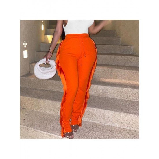 Tassel Elastic Waist Solid Women Trouser Pants