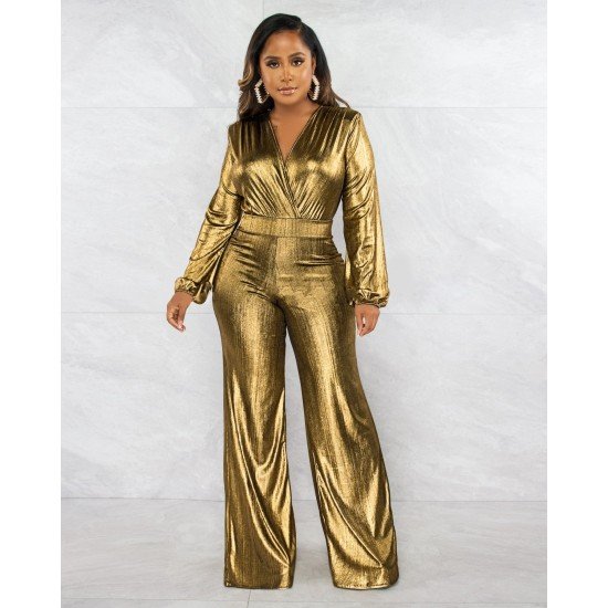  Pure Color V-Neck Women's Long Sleeve Jumpsuit