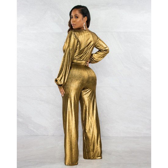  Pure Color V-Neck Women's Long Sleeve Jumpsuit