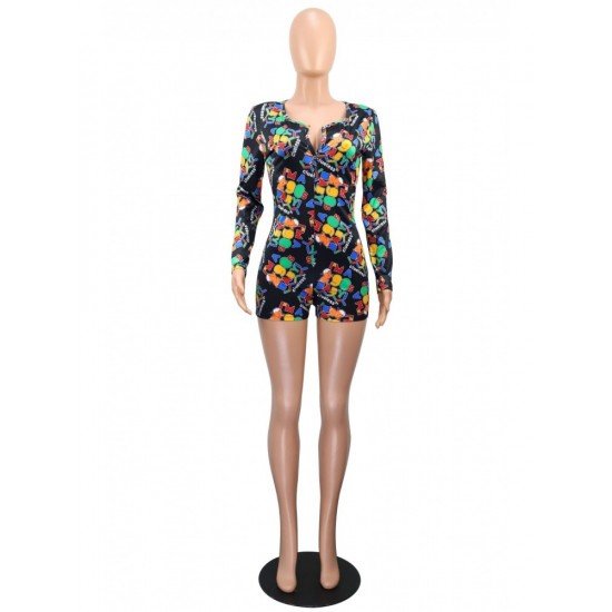  Tight Geometric Print Long Sleeve Women's Rompers