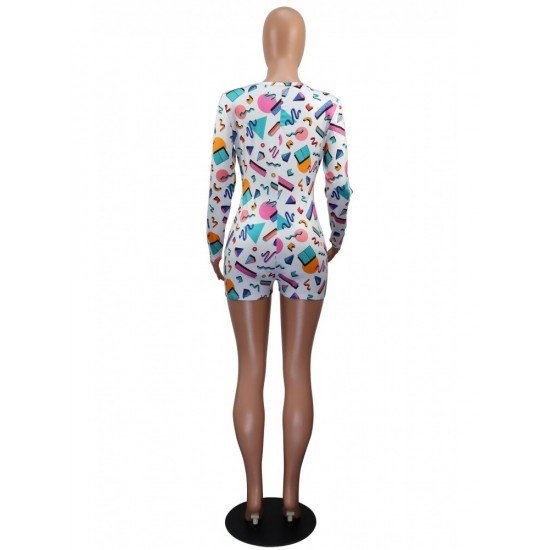  Tight Geometric Print Long Sleeve Women's Rompers