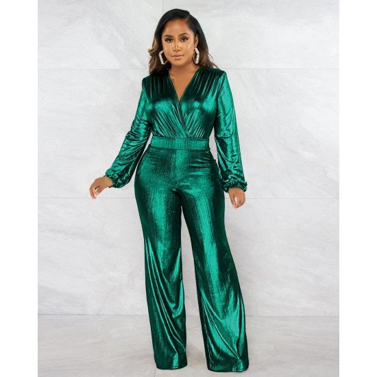  Pure Color V-Neck Women's Long Sleeve Jumpsuit