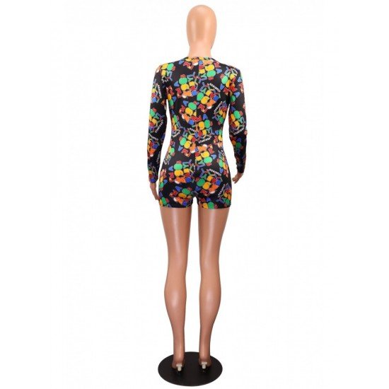  Tight Geometric Print Long Sleeve Women's Rompers